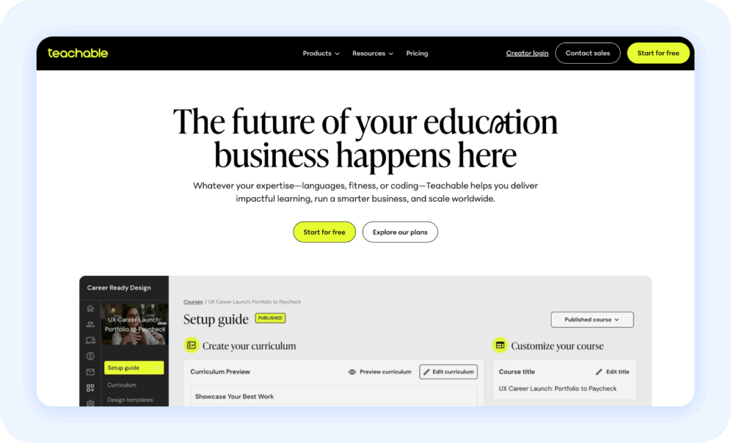 Teachable homepage with text: The future of your education business happens here