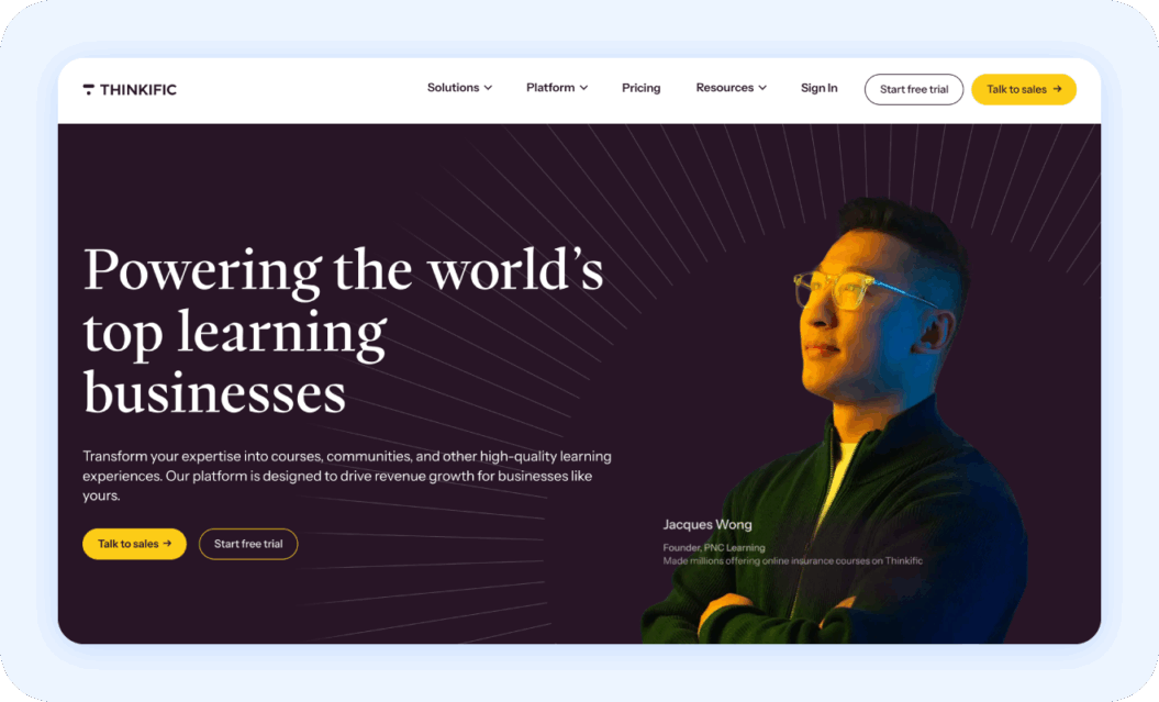 Thinkific homepage with the text: Powering the world's top learning businesses.