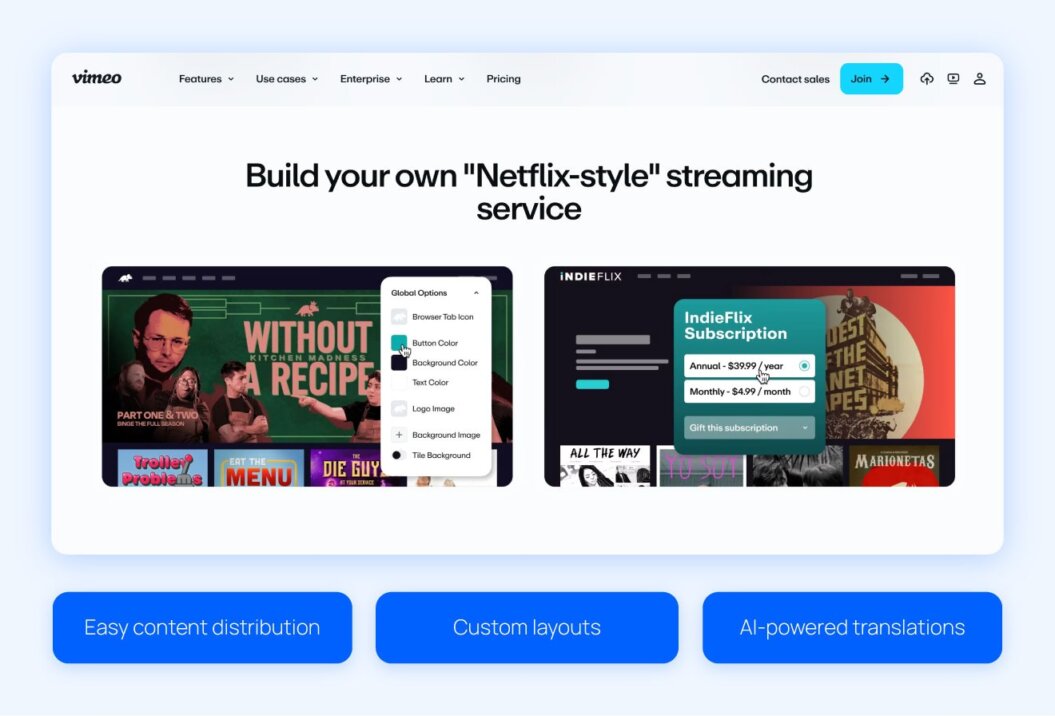 Vimeo streaming dashboard with highlights like custom layouts, easy content distribution, and AI-powered translations 