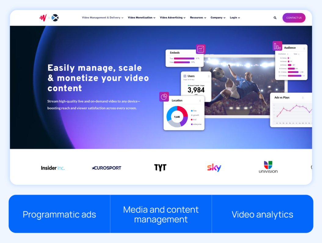JW player VOD homepage and highlights like programmatic ads, media and content management, and video analytics