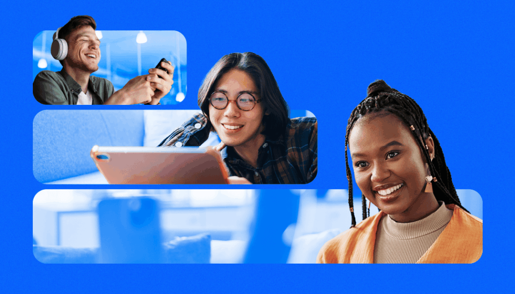 A group of individuals interacting with video content, some filming and others watching.