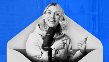 image of a smiling woman speaking into a large microphone, framed inside an open envelope graphic against a bright blue background.