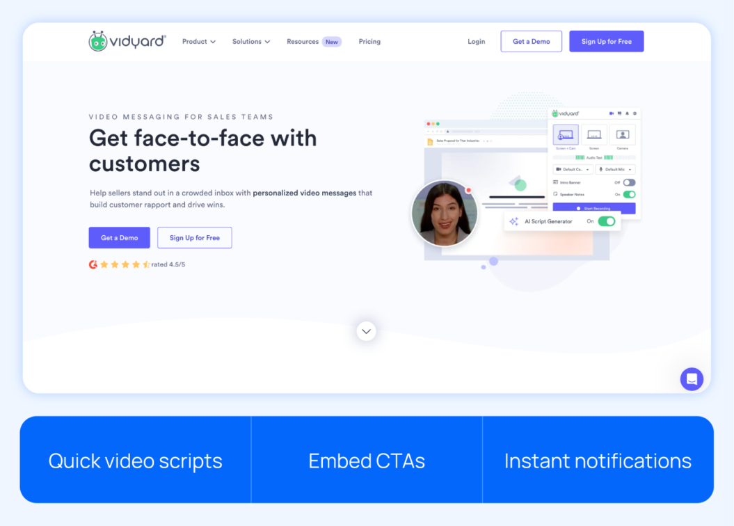 Vidyard homepage with highlights like quick video scripts, embed CTAs, and instant notifications