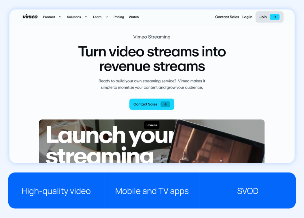 Vimeo OTT homepage and highlights like high-quality video, mobile and TV apps, and SVOD
