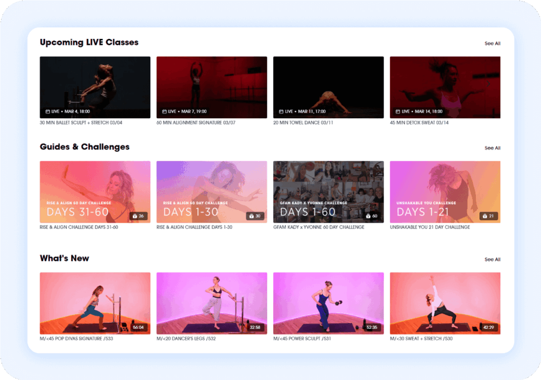 Programs page on M/Body website, showing programs broken up by length of time and videos.