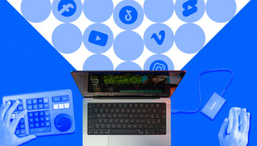 Creator editing videos on a laptop with stylized blue effects, entering the laptop.