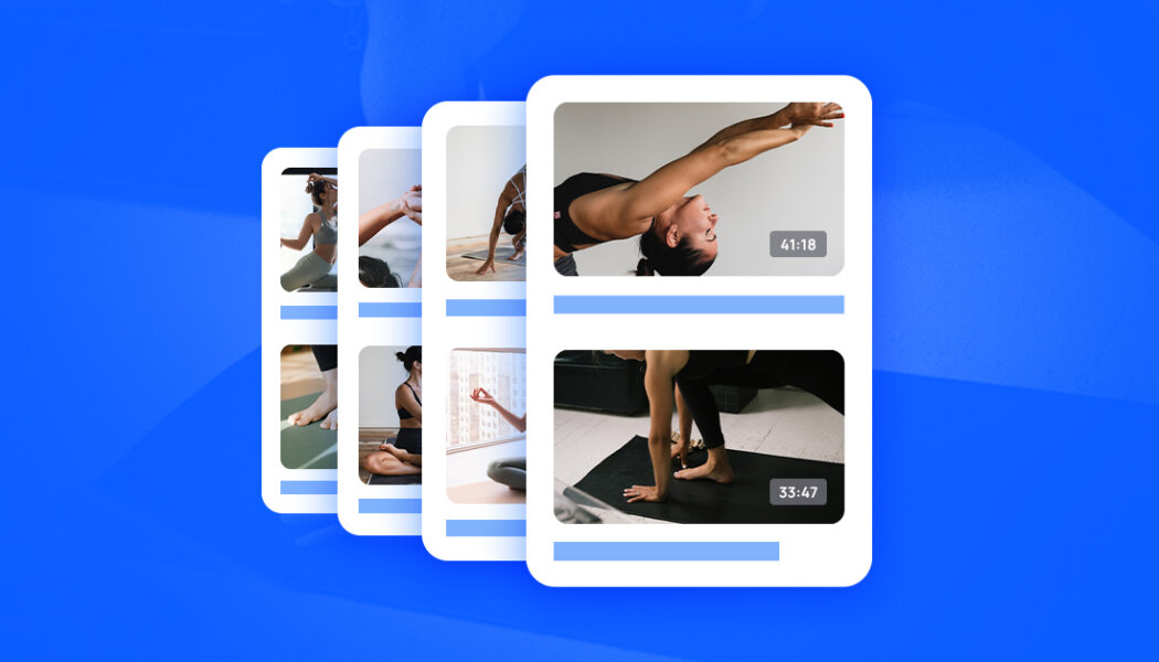 multiple video pages lined like dominoes in front of a blue geometric background.