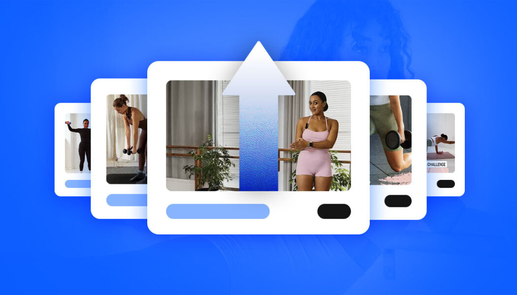 Multiple videos stacked together like a card deck with stylized blue effects including an up arrow.