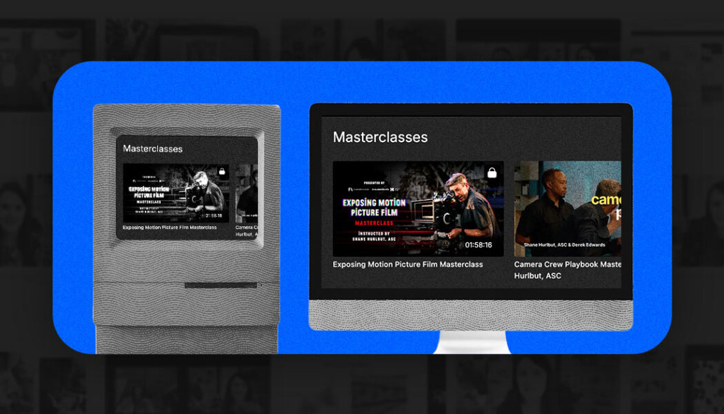 TV and computer screen with membership content onscreen, blue stylized effects and grain distortion.