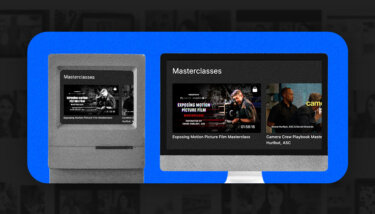 TV and computer screen with membership content onscreen, blue stylized effects and grain distortion.