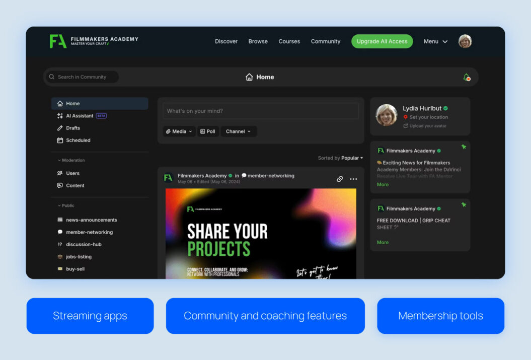 Filmmakers academy website showing features of the platform including streaming apps, community and coaching features, and membership tools.