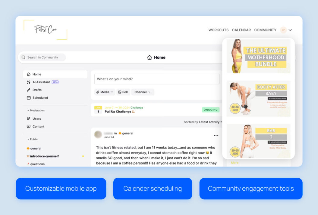 Fittest core website showing features once they migrated, including mobile apps, calendars, and community engagement tools