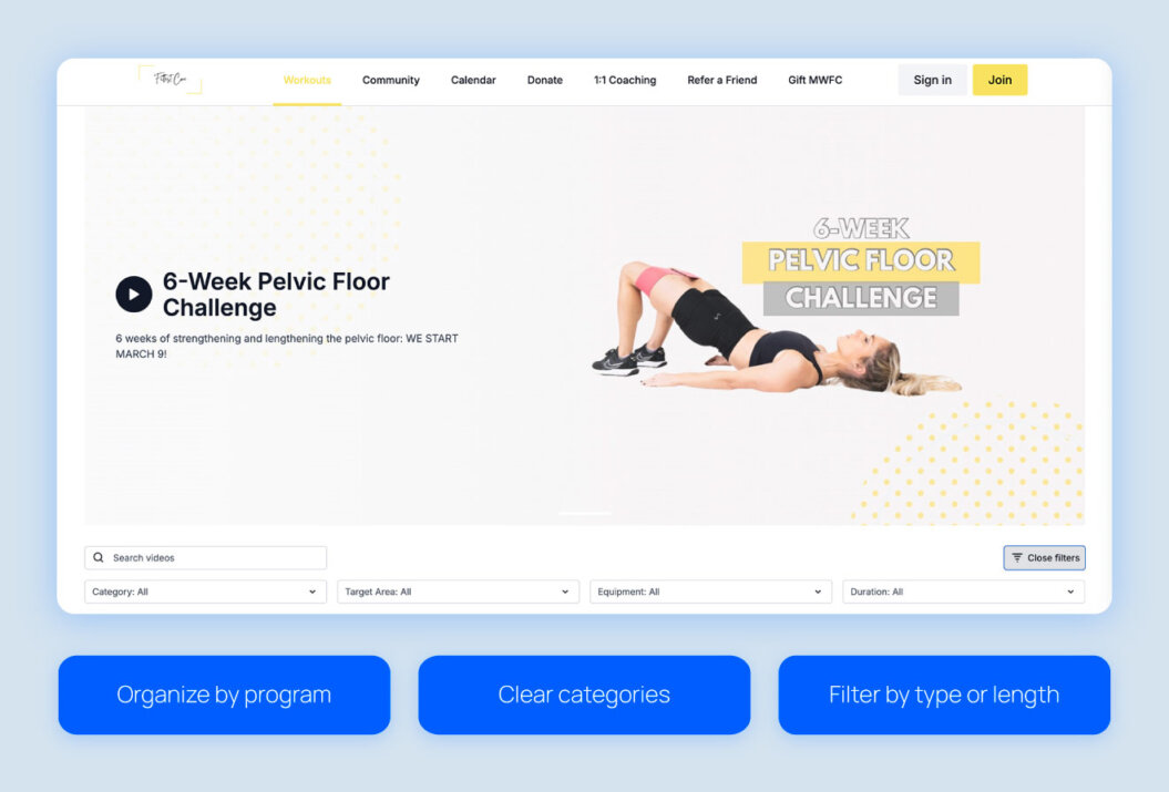 Fittest core website highlighting organizational features like programs, filters, and categories on the home page.