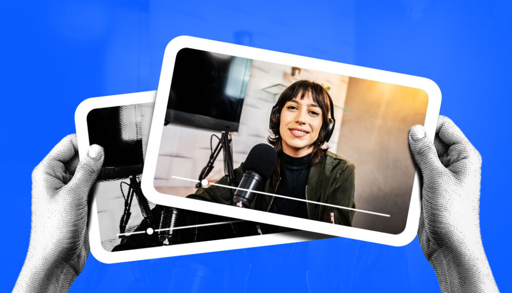 person holding two tablets with a video of a content creator speaking into a microphone and stylized blue effects overlaying.