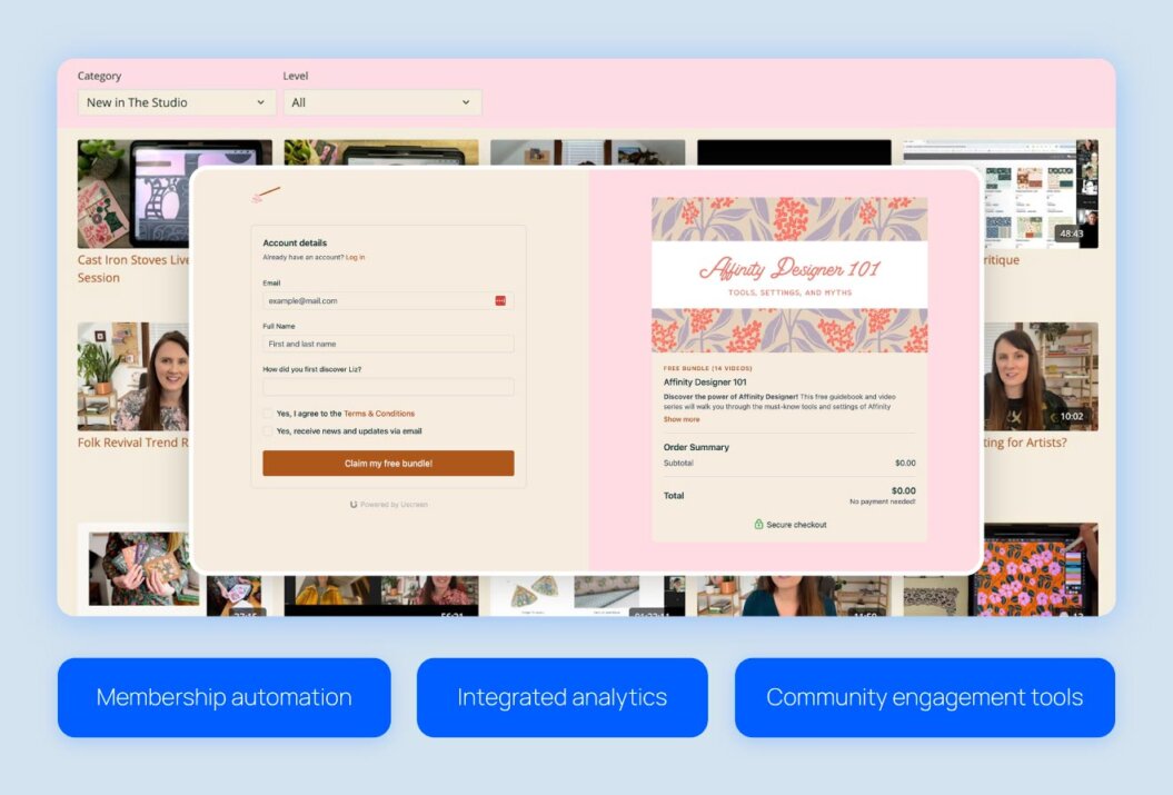 The Studio website highlighting features of switching to Uscreen including membership automation, integrated analytics, and community engagement tools