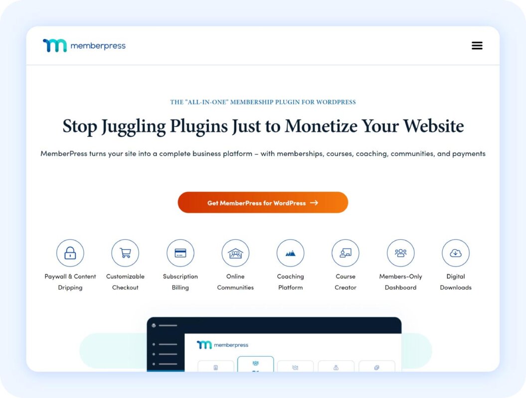 Memberpress dashboard and highlight callouts like membership rules, subscriptions, and WordPress membership plugin 