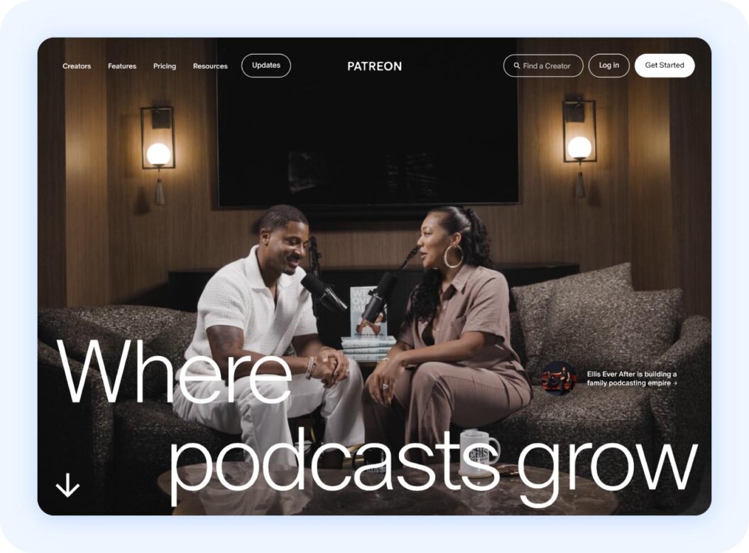 Patreon homepage with copy "where podacsts grow"
