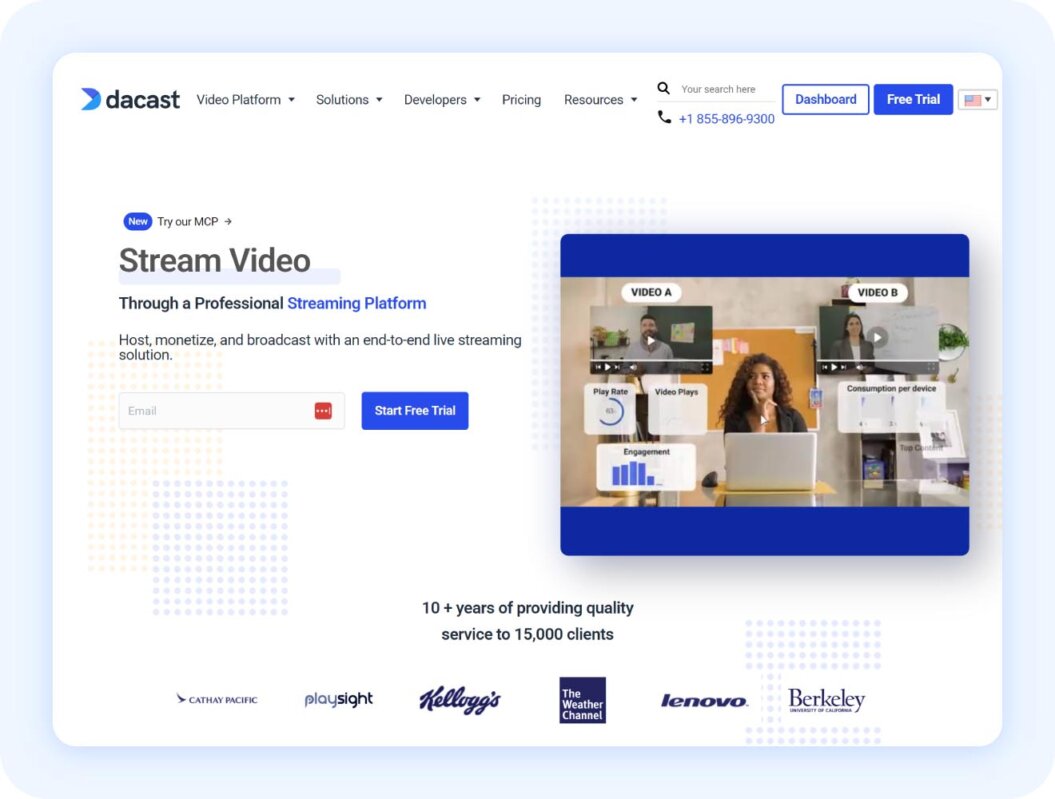 Dacast home page with copy "stream video through a professional streaming platform"