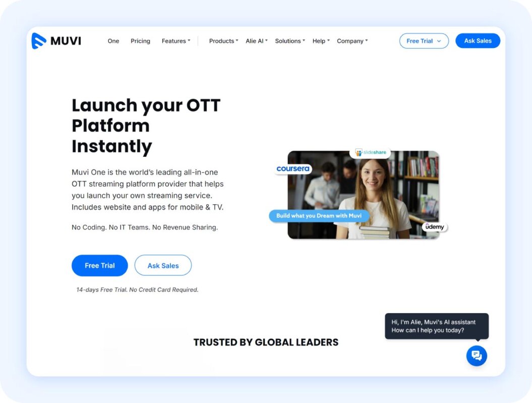 Muvi One homepage with copy "launch your OTT platform instantly"