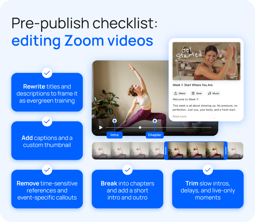 Checklist for editing Zoom videos, including rewriting titles, trimming slow sections, and removing event-specific callouts.