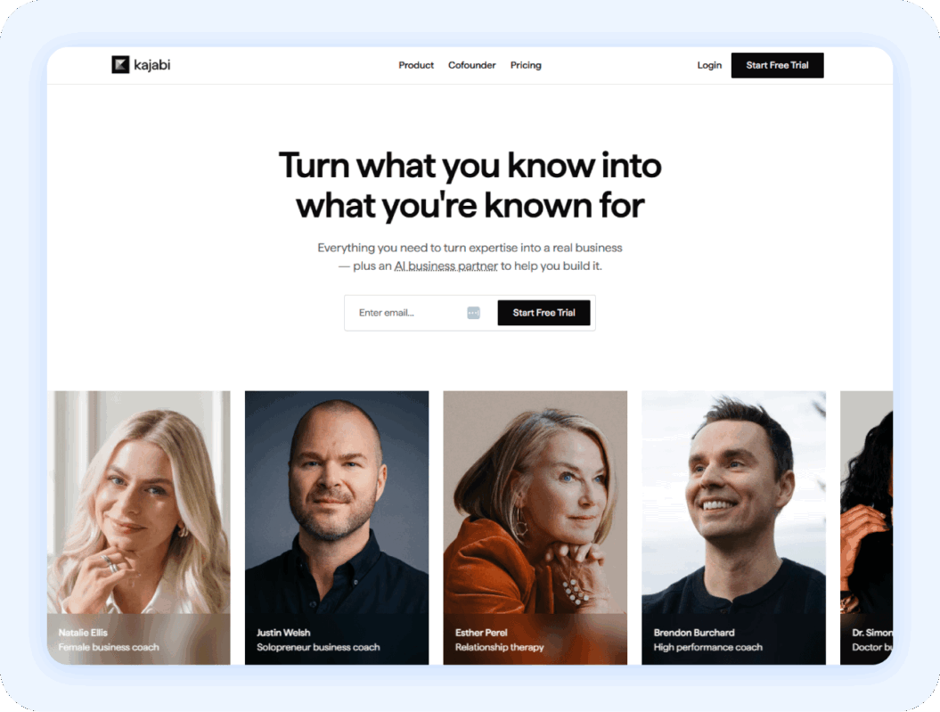 Kajabi homepage with copy "turn what you know into what you're known for"