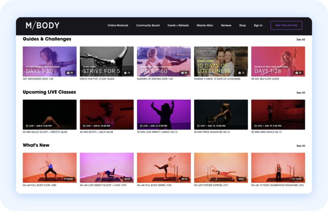 M/Body video library with categorized sections