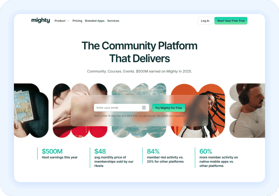 Mighty Networks homepage with copy "the community platform that delivers'
