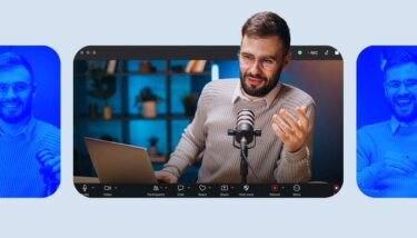 Content creator speaking into mic, with stylized blue effects and a Zoom-like background.