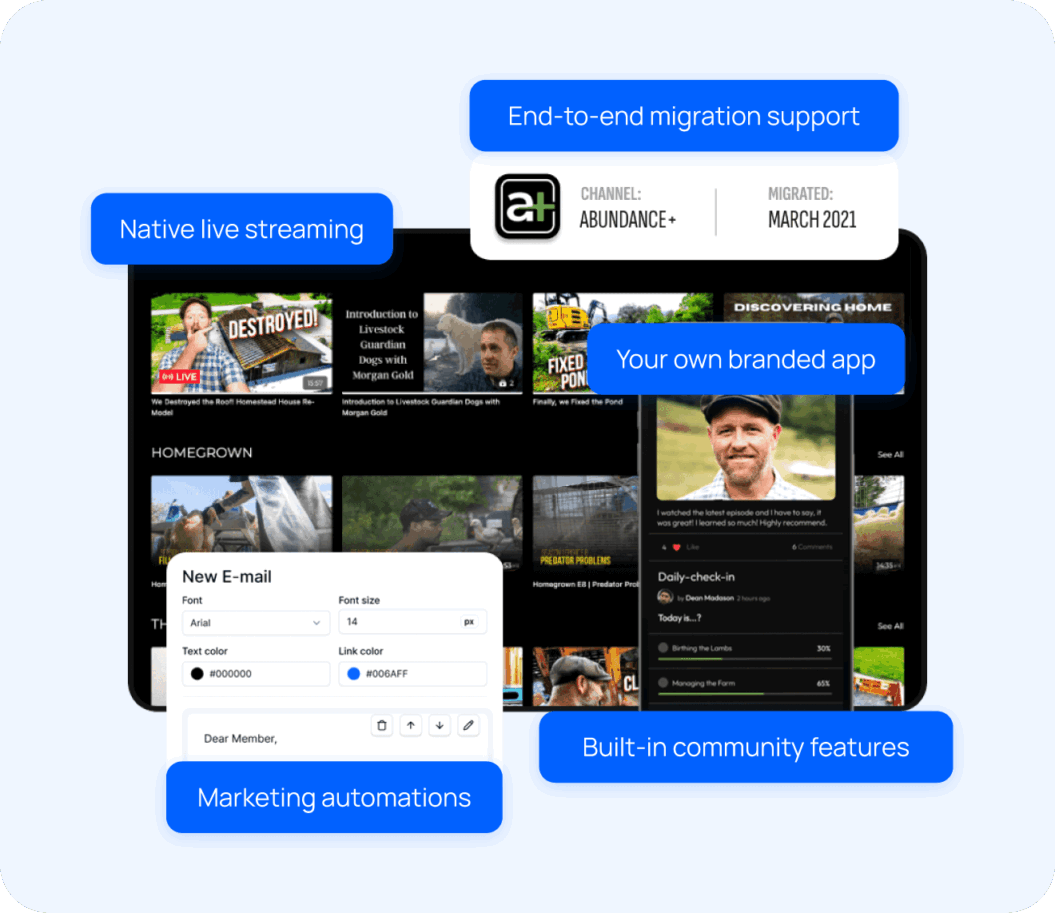 Abundance+ membership site showing off features like branded apps, built-in community features, and marketing automations.