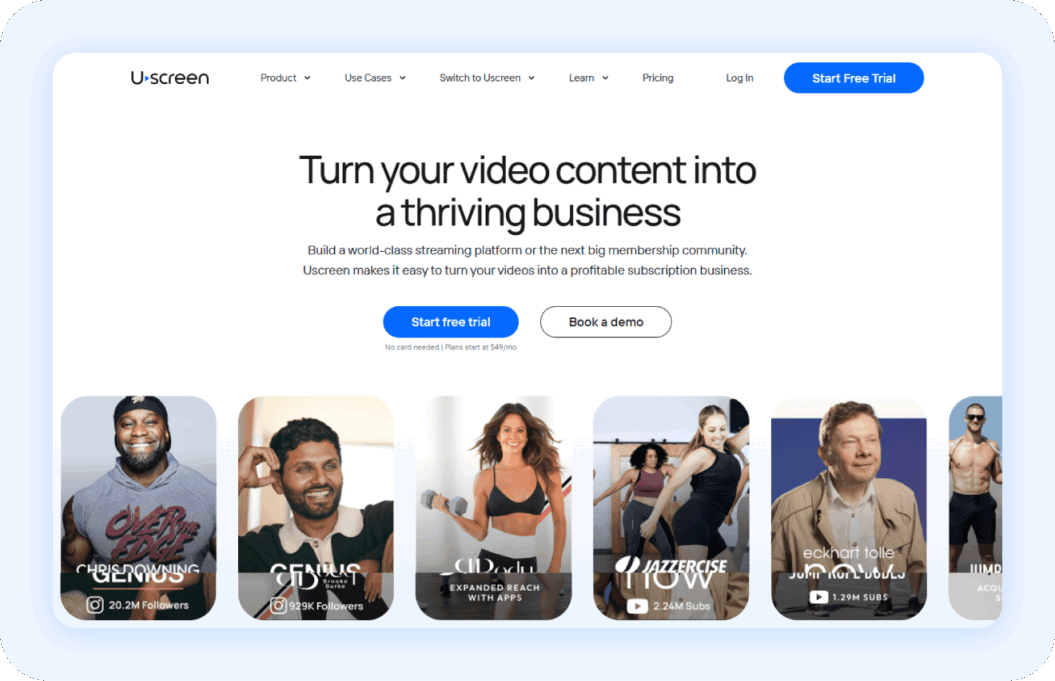 Uscreen homepage with copy " turn your video content into a thriving business"